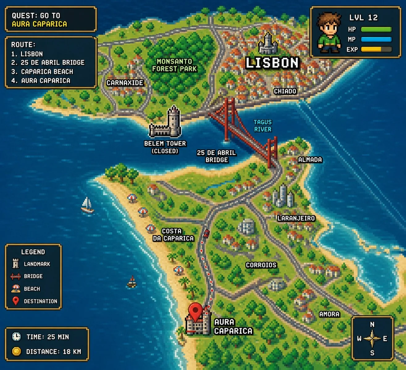 Pixel-art map: Lisbon to Aura Caparica with route, legend, and quest log